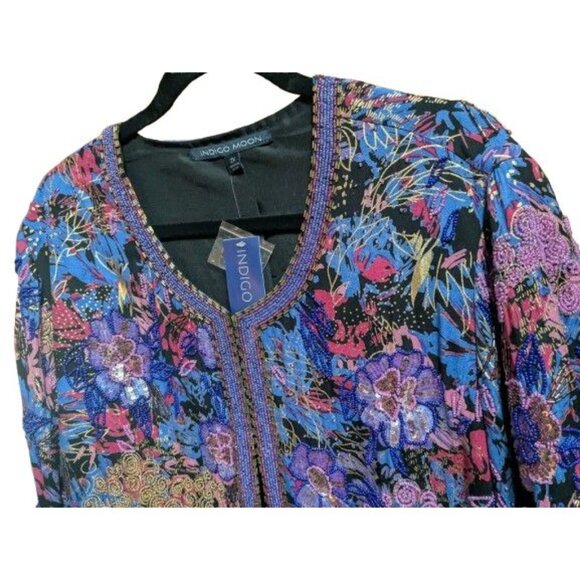 Indigo Moon Beaded Open Front Cardigan with Sequins sz XXL Purple Pink Gold NWT - Picture 3 of 8